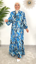 Carica l'immagine nel visualizzatore della galleria, sketched dress blu, vestito con fantasia, vestito sui toni del blu, decorazioni oro e ner, Hijab, Hijab Paradise,donna musulmana, modest