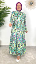Carica l'immagine nel visualizzatore della galleria, Vestito Chemisier verde, vestito over, senza laccio, abaya, Hijab, Hijab paradise, fantasia, ghirigori, viola, verde acqua, nero, donna musulmana