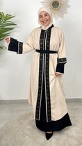 Carica l'immagine nel visualizzatore della galleria, Completo abaya con ricami- abaya due pezzi- cintura in vita - ricamo nero sul davanti- Beige e nero - hijab