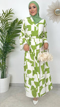 Carica l'immagine nel visualizzatore della galleria, Avocado Dress - hijab- hijab paradise - maniche larghe - cintura in vita- fantasia a mucca- vestito lungo - modest dress - Hijab Paradise- hijab