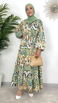 Bild in Galerie-Betrachter laden, Adorned Dress verde, vestito estivo, colorato, verde, beige, verde scuro, , vestito maniche palloncino, hijab, donna musulmana, donna musulmana, borsa di paglia