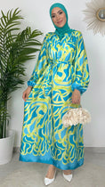 Carica l'immagine nel visualizzatore della galleria, Abito summer con balze verde acqua- cintura in vita- fantasia - vestito modest - maniche larghe - hijab - hijab paradise