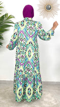 Carica l'immagine nel visualizzatore della galleria, Vestito Chemisier verde, vestito over, senza laccio, abaya, Hijab, Hijab paradise, fantasia, ghirigori, viola, verde acqua, nero, donna musulmana