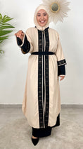 Carica l'immagine nel visualizzatore della galleria, Completo abaya con ricami- abaya due pezzi- cintura in vita - ricamo nero sul davanti- Beige e nero - hijab