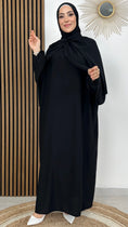 Carica l'immagine nel visualizzatore della galleria, Abito preghiera, donna islamica, cuffia bianche, sorriso, tacchi bianchi, vestito lungo, velo attaccato al vestito, nera, Hijab Paradise
