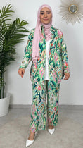 Load image into Gallery viewer, Completo Multicolour Verde Acqua- completo fantasia - fantasia ghirigori - maglia bianca - velo- hijab paradise- foulard