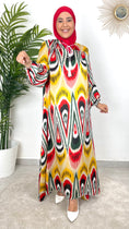 Carica l'immagine nel visualizzatore della galleria, Vestito Light giallo, decorazione rossa nera verde arancio, vestito over, Hijab, Hijab paradise, donna musulmana