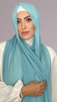 Carica l'immagine nel visualizzatore della galleria, Hijab, chador, velo, turbante, foulard, copricapo, musulmano, islamico, sciarpa, trasparente, chiffon crepe Verde Acqua Pastello