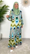 Carica l'immagine nel visualizzatore della galleria, Vestito Light Verde, decorazione azzurra nera verde beige, vestito over, Hijab, Hijab paradise, donna musulmana