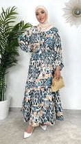 Cargar la imagen en la vista de la galería, Adorned Dress Ciano, vestito estivo, colorato, ciano, beige, blu, azzurro, vestito maniche palloncino, hijab, donna musulmana, donna musulmana, borsa di paglia