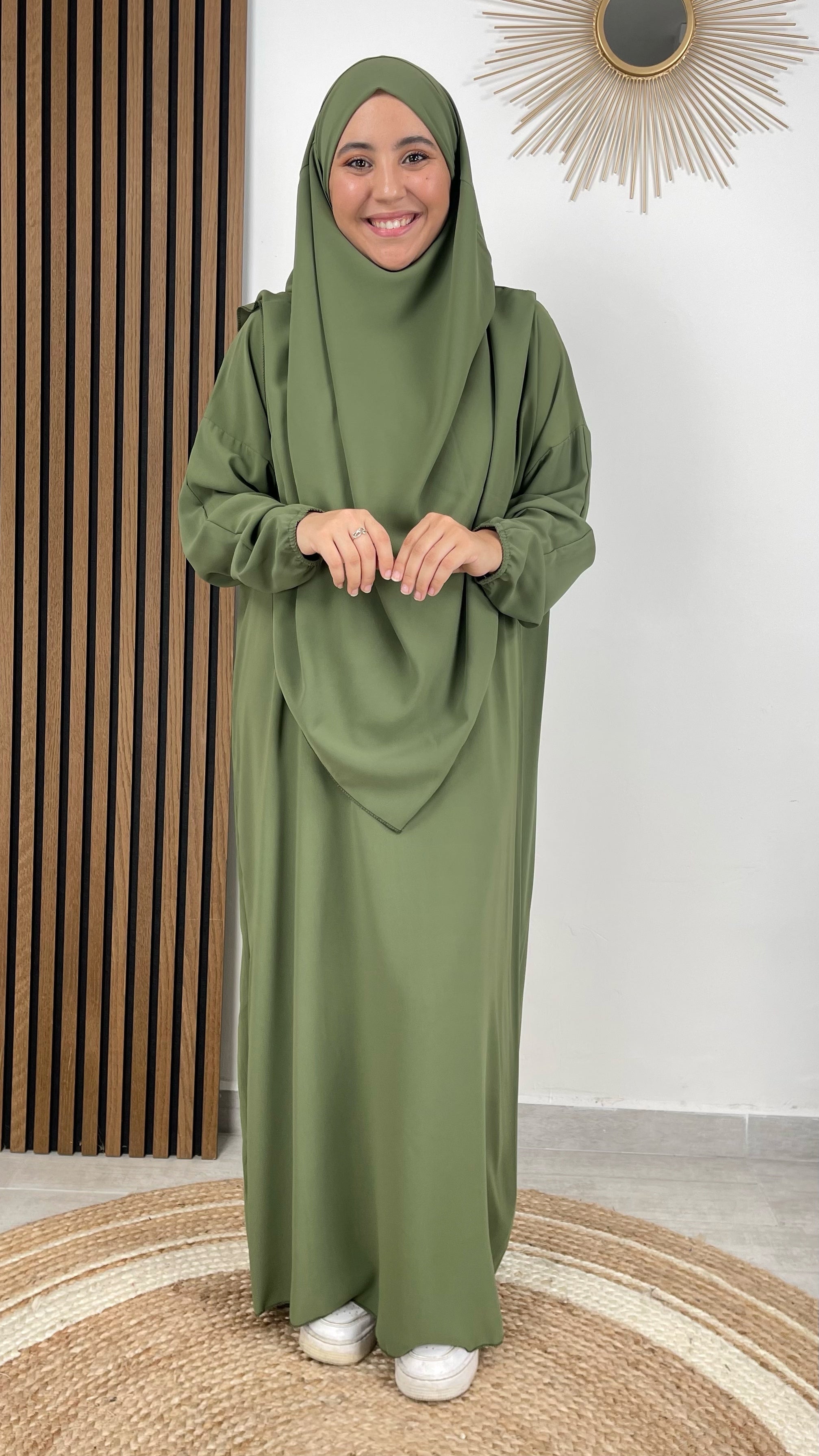 Jilbab, khimar, abaya, sorriso, modest, abito da preghiera, islamico, verde. Hijab Paradise