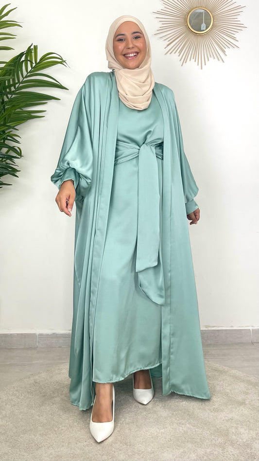 Abaya e kimono  satinati, verde acqua, due pezzi, sotto abaya con laccetto, abaya over sopra, hijab Paradise, hijab, abito modest, vestito elegante