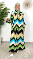 Load image into Gallery viewer, Colorful Dress nero, fantasia a zig zag, verde, azzurro; nero, beige, over, maniche larghe arricciate, Hijab, donna musulmana; abito modest, colori fluo
