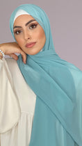 Load image into Gallery viewer, Hijab, chador, velo, turbante, foulard, copricapo, musulmano, islamico, sciarpa,  trasparente, chiffon crepe Verde Acqua Pastello
