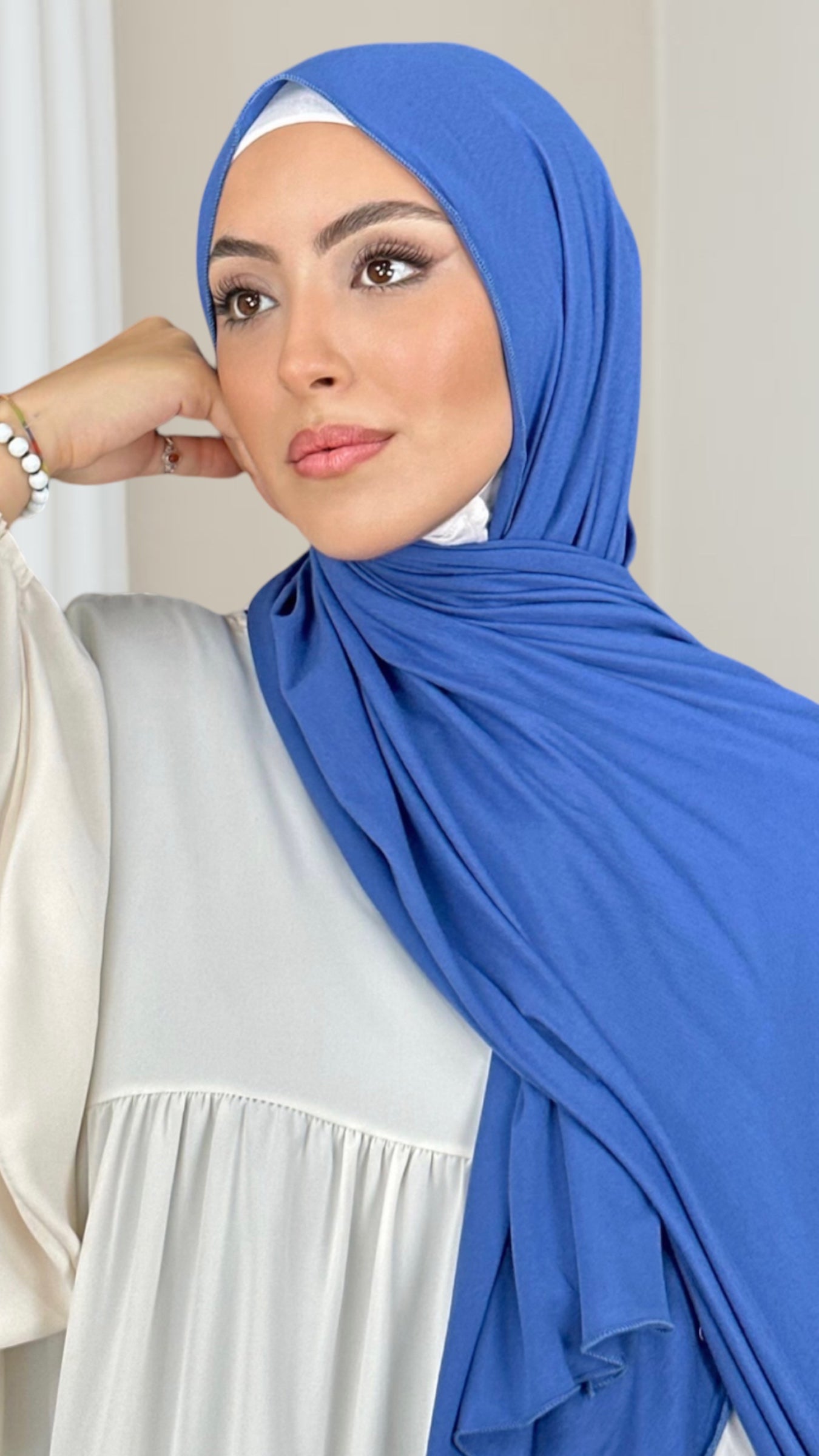 Hijab Jersey Blu cielo-orlo FlatlockHijab, chador, velo, turbante, foulard, copricapo, musulmano, islamico, sciarpa, 