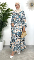 Load image into Gallery viewer, Adorned Dress Ciano, vestito estivo,  colorato, ciano, beige, blu, azzurro, vestito maniche palloncino, hijab, donna musulmana, donna musulmana, borsa di paglia
