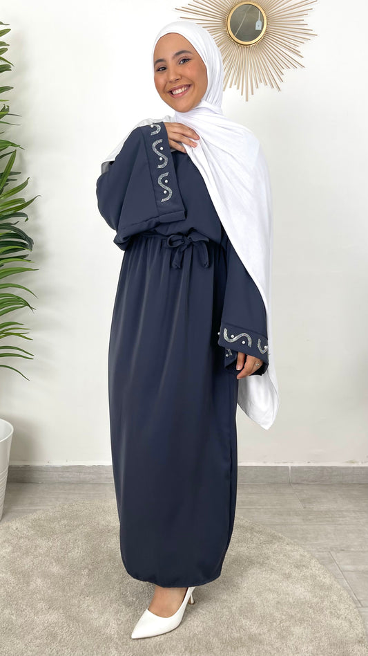 Strass dress- vestito largo- laccio in vita- strass sulle maniche- hijab paradise- hijab bianco- donna musulmana- arricciato in vita- vestito modest- vestito elegante