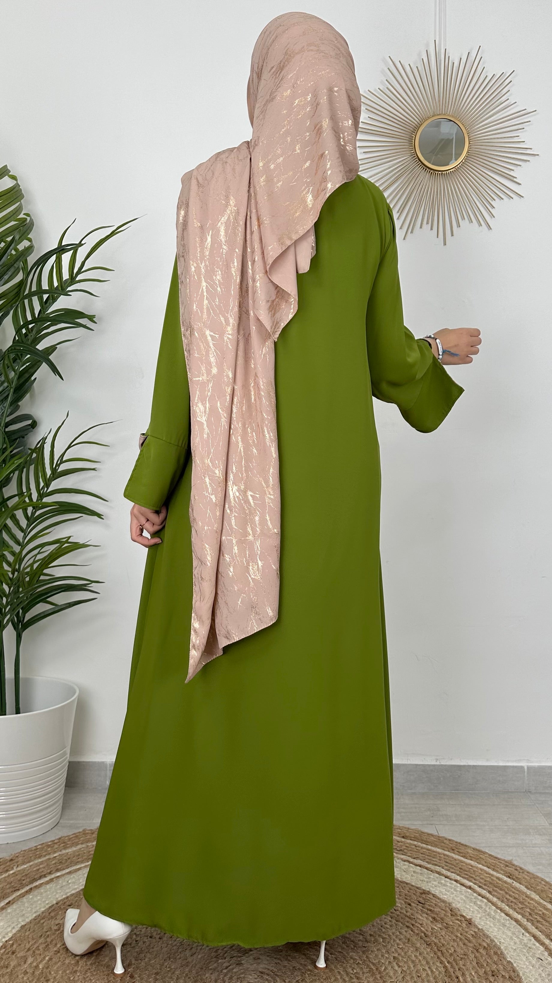 Abaya bicolour  verde avocado, maniche ripiegate,tasche, abito da Preghiera, donna musulmana, Hijab