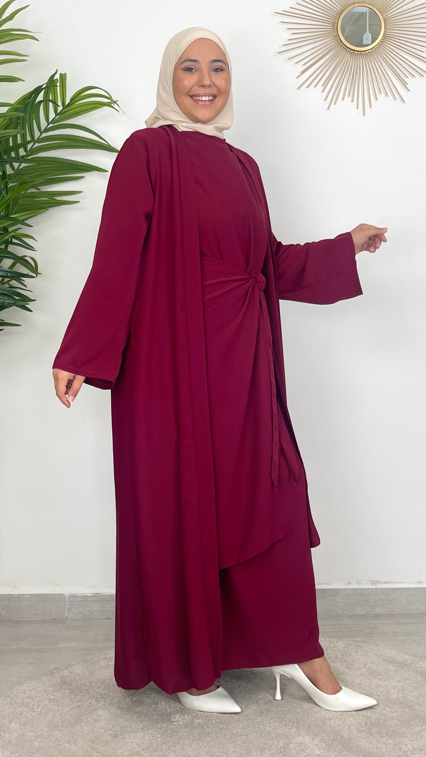 Completo abaya bordeaux, completo 3 pezzi, abaya  con Gonna, modest , donna musulmana, laccio in vita, Hijab Paradise 