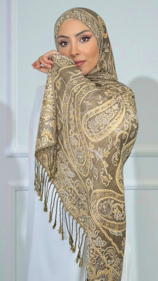 Royal Paisley Pashmina Taupe&Champagne