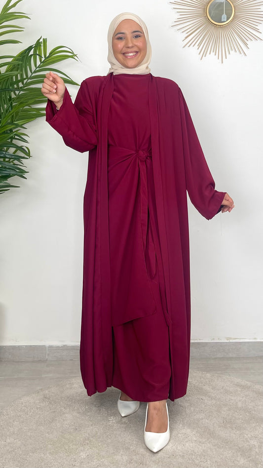 Completo abaya bordeaux, completo 3 pezzi, abaya  con Gonna, modest , donna musulmana, laccio in vita, Hijab Paradise 