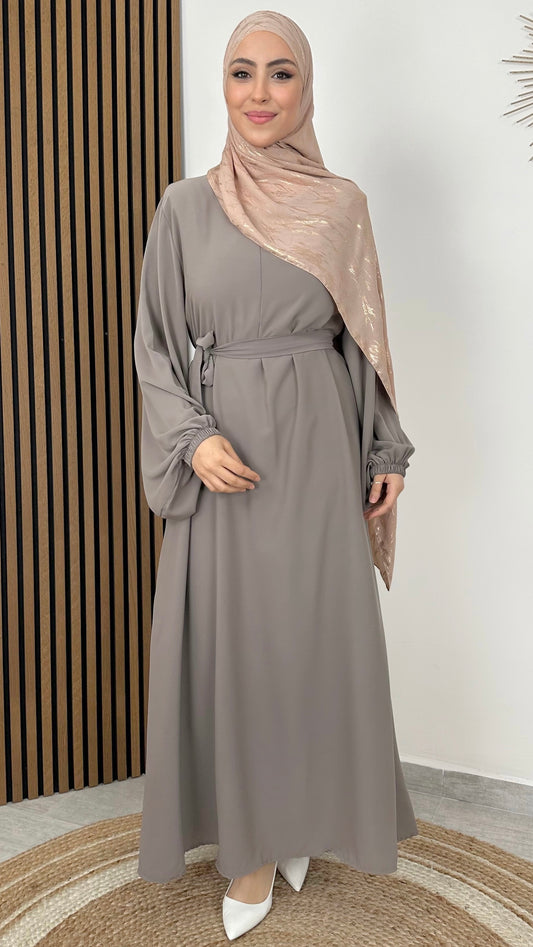 Abaya little zip, abaya color talpa, piccola zip, maniche a palloncino, cinturino in vita, Hijab, Hijab Paradise 
