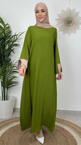 Cargar la imagen en la vista de la galería, Abaya bicolour  verde avocado, maniche ripiegate,tasche, abito da Preghiera, donna musulmana, Hijab
