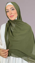 Cargar la imagen en la vista de la galería, Hijab, chador, velo, turbante, foulard, copricapo, musulmano, islamico, sciarpa,  trasparente, chiffon crepe Verde Militare scuro
