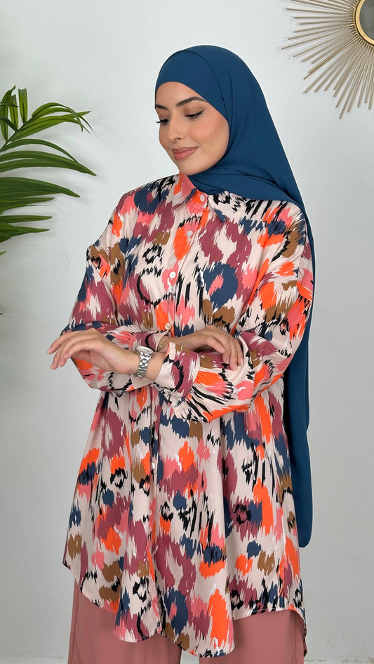 Painted Camicia pesca, camicia over, camicia lunga, camicia colorata, pesca, ciano, mattone, Hijab paradise, donna con hijab, donna musulmana, abito modest 