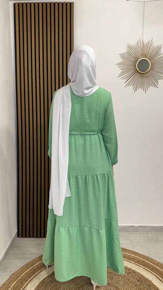 Honeyed Dress Verde - dress - vestito con taglio a campana - verde lime - polsi arricciati - laccio in vita , jersey bianco- tacchi bianchi