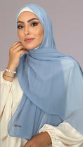 Load image into Gallery viewer, Hijab, chador, velo, turbante, foulard, copricapo, musulmano, islamico, sciarpa,  trasparente, chiffon crepe Azzurro Pastello
