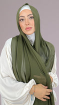 Cargar la imagen en la vista de la galería, Hijab, chador, velo, turbante, foulard, copricapo, musulmano, islamico, sciarpa,  trasparente, chiffon crepe Verde Militare scuro
