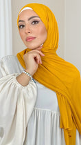 Cargar la imagen en la vista de la galería, Hijab Jersey senape-orlo Flatlock - Hijab Paradise Hijab, chador, velo, turbante, foulard, copricapo, musulmano, islamico, sciarpa, 
