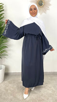 Load image into Gallery viewer, Strass dress- vestito largo- laccio in vita- strass sulle maniche- hijab paradise- hijab bianco- donna musulmana- arricciato in vita- vestito modest- vestito elegante
