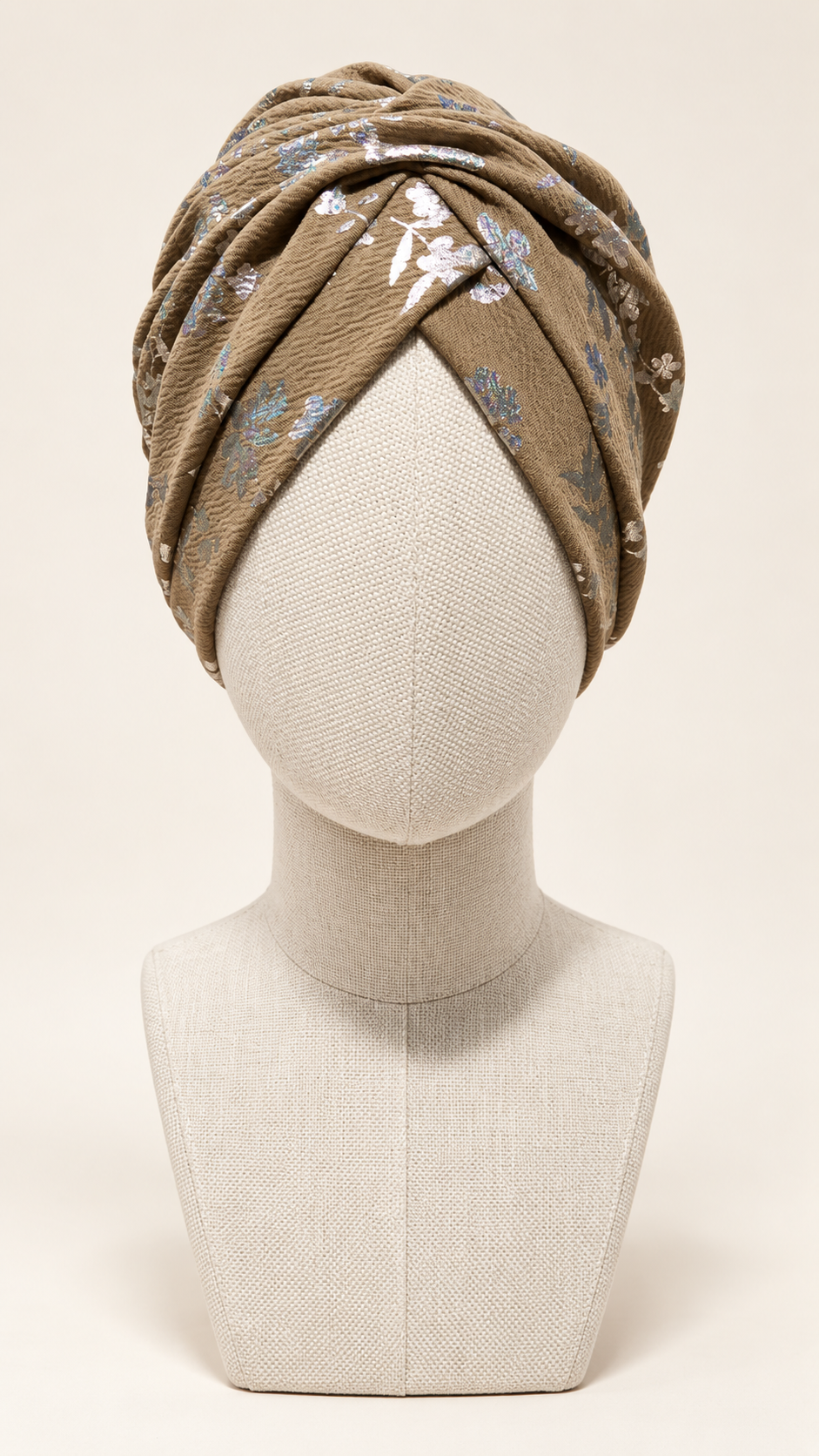 Turbante Zahra con fantasia floreale argentata – Pronto da indossare