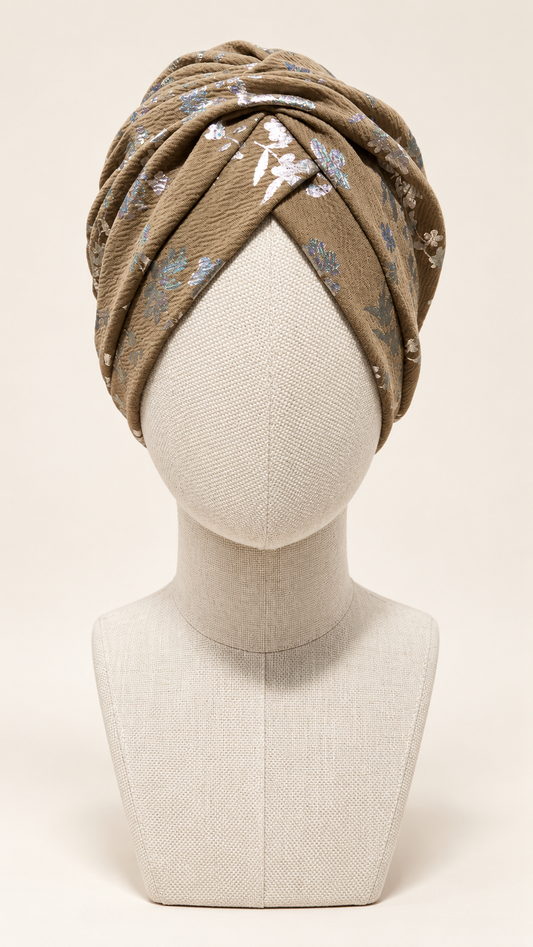 Turbante Zahra con fantasia floreale argentata – Pronto da indossare