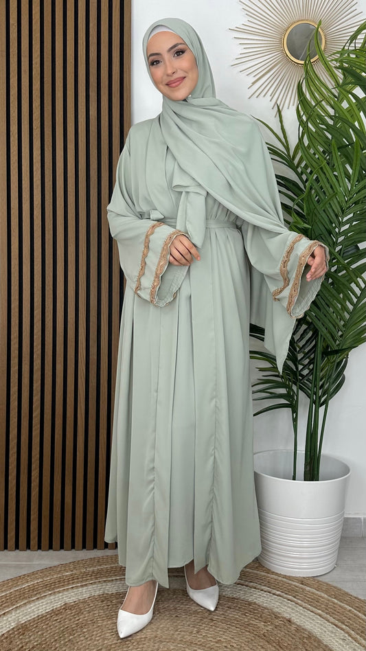 Completo abaya green con hijab - ricamato d'oro - laccio in vita - tre pezzi - hijab - hijab paradise -vestito modest