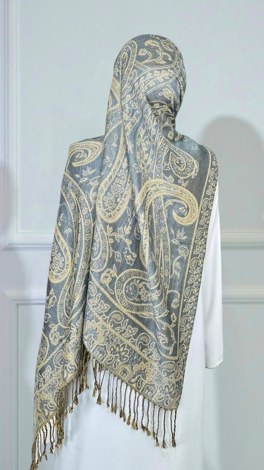 Royal Paisley Pashmina Grey & Ivory