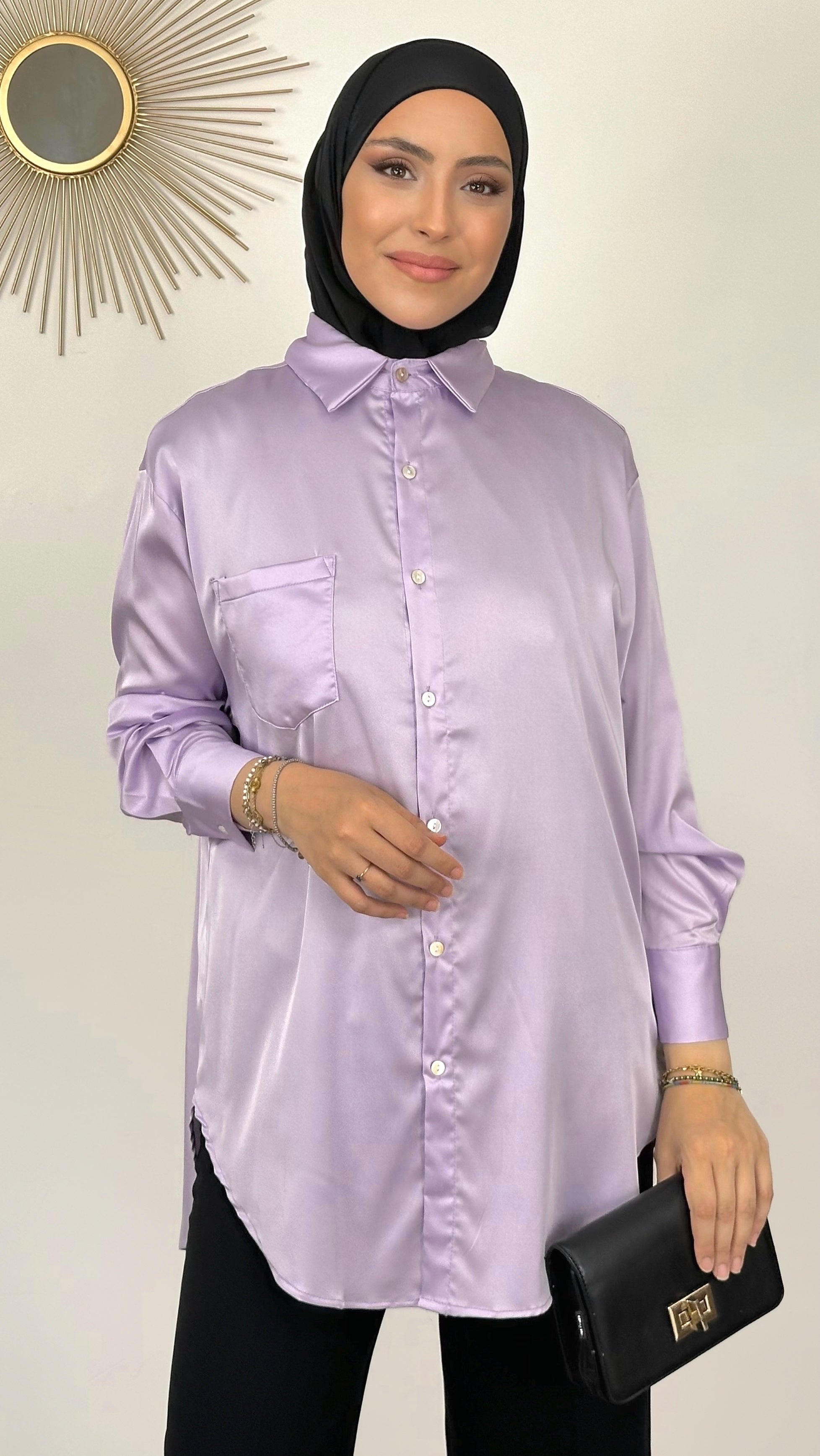 Camicia, satinata , viola, Hijab, Hijab paradise, outfit, modest, camicia  satin, lilla