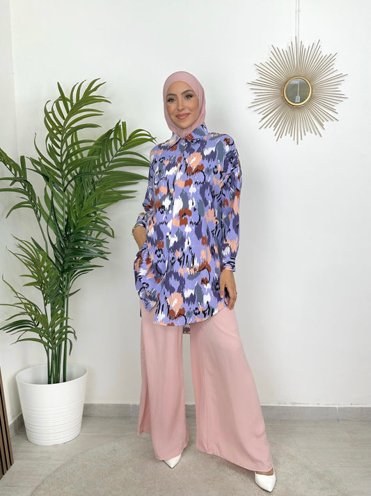 Painted Camicia lilla, camicia over, camicia lunga, camicia colorata, lilla, rosa, ciano, mattone, Hijab paradise, donna con hijab, donna musulmana, abito modest 