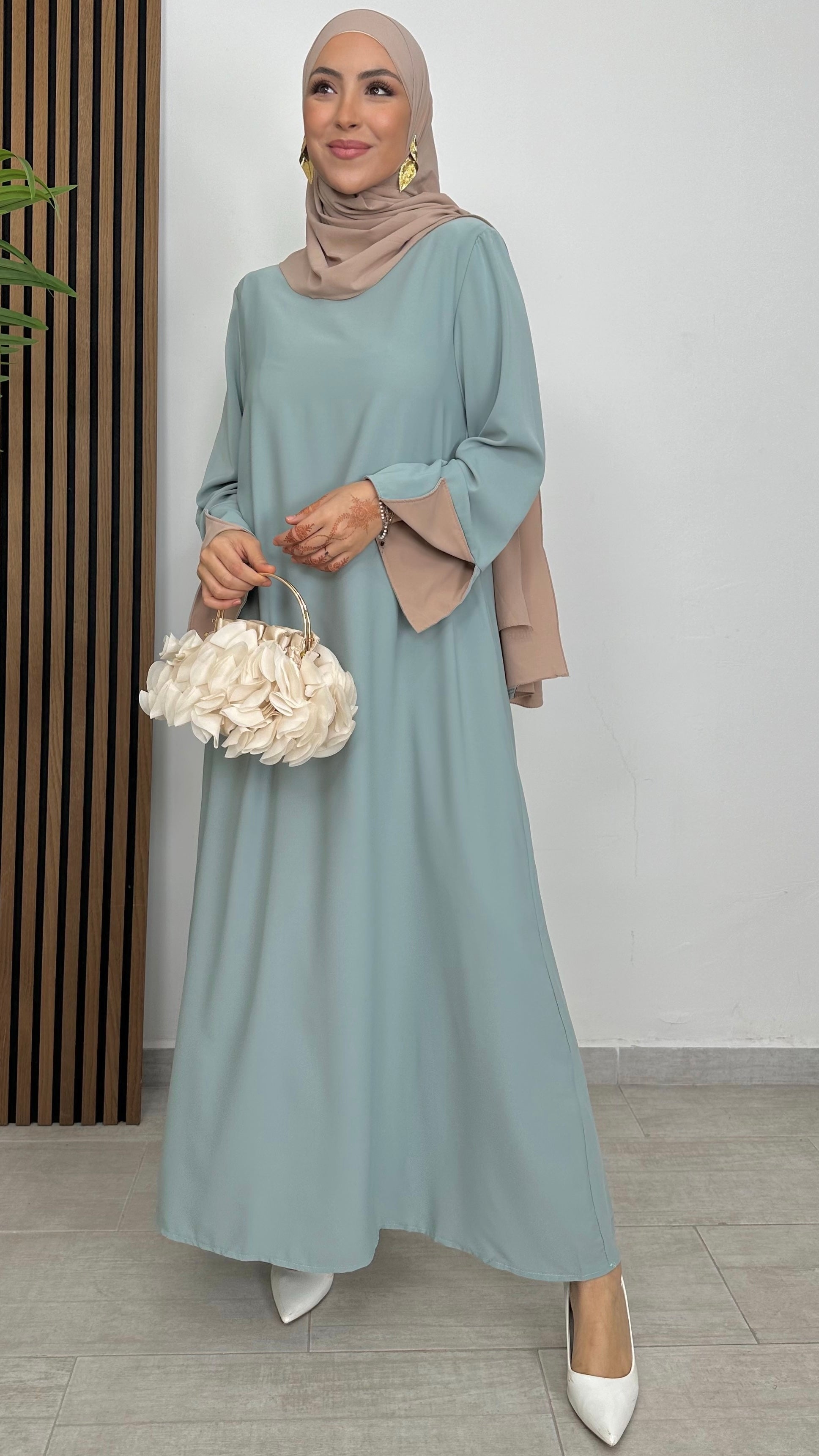 Abaya bicolour verde acqua maniche beige