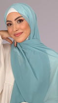 Cargar la imagen en la vista de la galería, Hijab, chador, velo, turbante, foulard, copricapo, musulmano, islamico, sciarpa,  trasparente, chiffon crepe Verde Acqua Pastello
