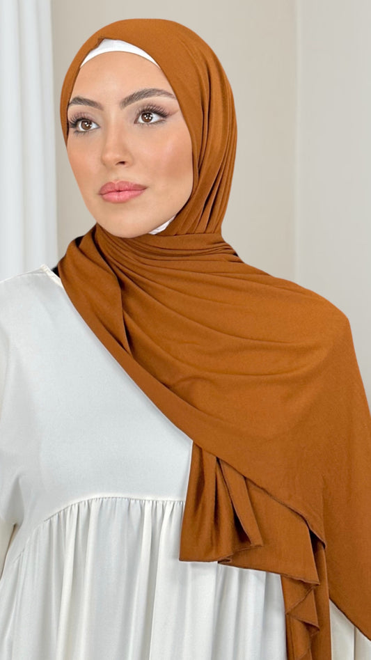 Hijab Jersey caramello-orlo Flatlock - Hijab Paradise Hijab, chador, velo, turbante, foulard, copricapo, musulmano, islamico, sciarpa, 