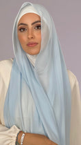 Cargar la imagen en la vista de la galería, Hijab, chador, velo, turbante, foulard, copricapo, musulmano, islamico, sciarpa,  trasparente, chiffon crepe azzurro
