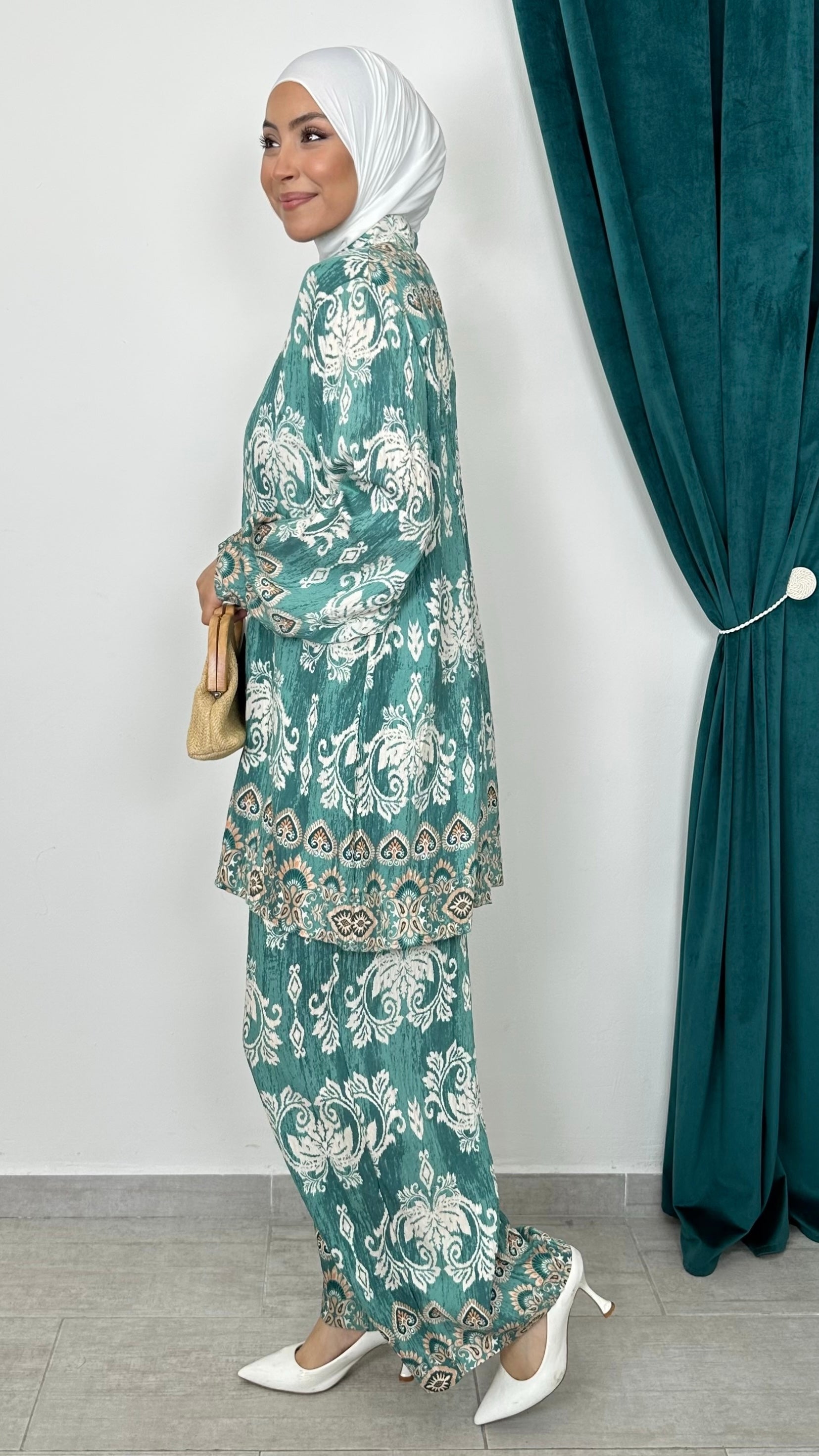 Coordinato Boho Paisley Verde Acqua - Hijab Paradise 