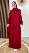 Load image into Gallery viewer, Abito preghiera, donna islamica, cuffia bianche, sorriso, tacchi bianchi, vestito lungo, velo attaccato al vestito, rosso,Hijab Paradise
