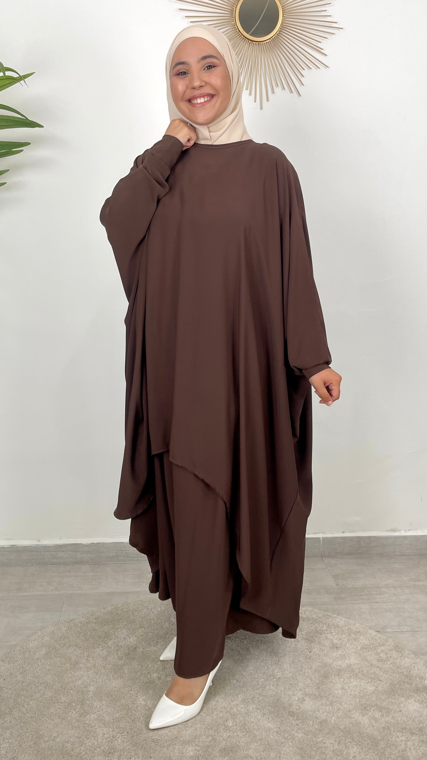 Completo marrone con Gonna- hijab paradise- completo due pezzi - gonna  e maglia lunga assimmetrica- maniche lunghe 