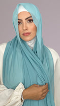 Cargar la imagen en la vista de la galería, Hijab, chador, velo, turbante, foulard, copricapo, musulmano, islamico, sciarpa,  trasparente, chiffon crepe Verde Acqua Pastello
