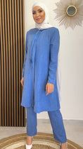 Load image into Gallery viewer, Hijab Paradise, tacchi biachi, pantaloni blu, tunica blu, completo blu, completo nickle, hijab bianco, modest dress, turco

