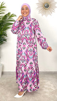 Load image into Gallery viewer, Vestito Chemisier Lilla, vestito over, senza laccio, abaya, Hijab, Hijab paradise, fantasia, ghirigori, viola, lilla, nero, donna musulmana
